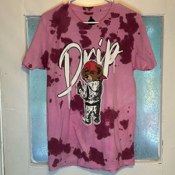Launder Women’s Pink Tie Dye Drip Teddy Bear Graffiti Graphic Tshirt Size S - Picture 1 of 5